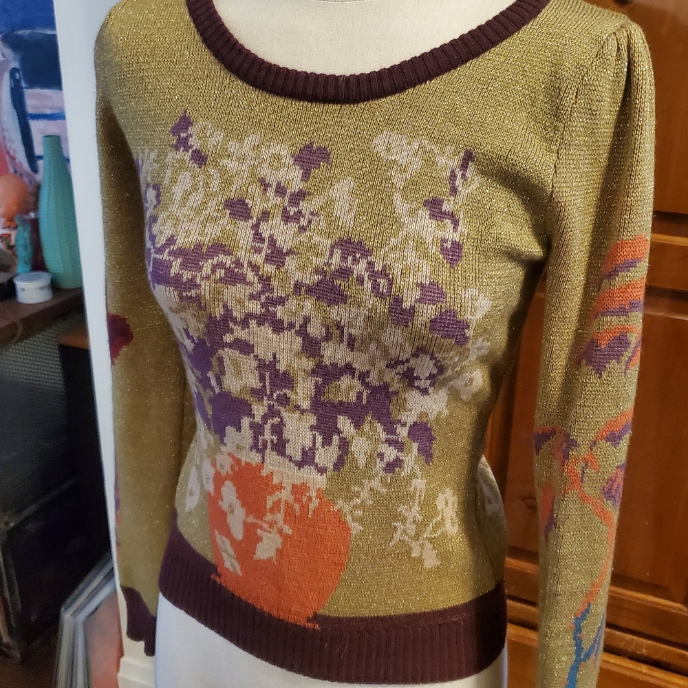 Betsey Johnson Alley Cat Cactus Plant Mernio Wool Sweater M Rare Vintage Kitschy